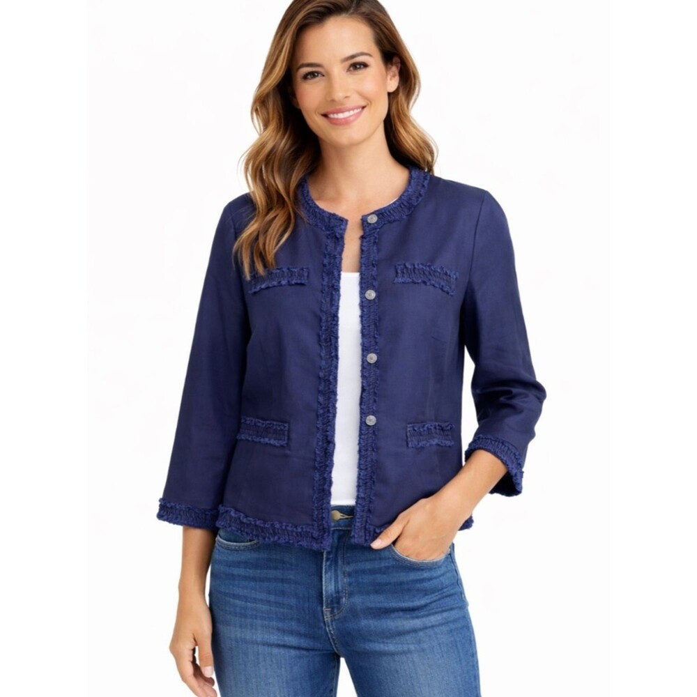 Talbots Navy Blue Linen Blend Fringe Trim Cropped Lady Jacket Blazer Petite 12P